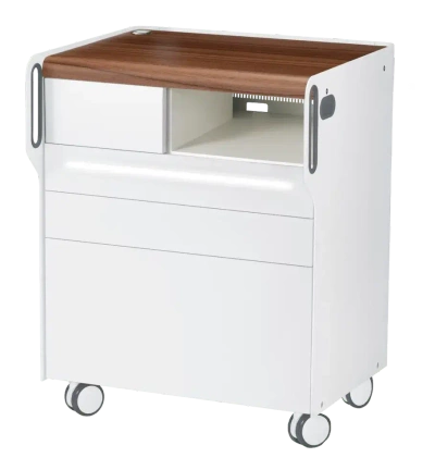 RUCK ROOM move M szafka podologiczna LED, 3 szuflady, CPL orzech, wnęka prawa, otwór na lampę po lewej stronie